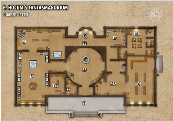 A dungeon map of a building with wooden floors and walls. There's a
  big circular room in the middle and several rectancular rooms all around it,
  with different museum exhibits in each one. Rooms are labeled E1 to E10.