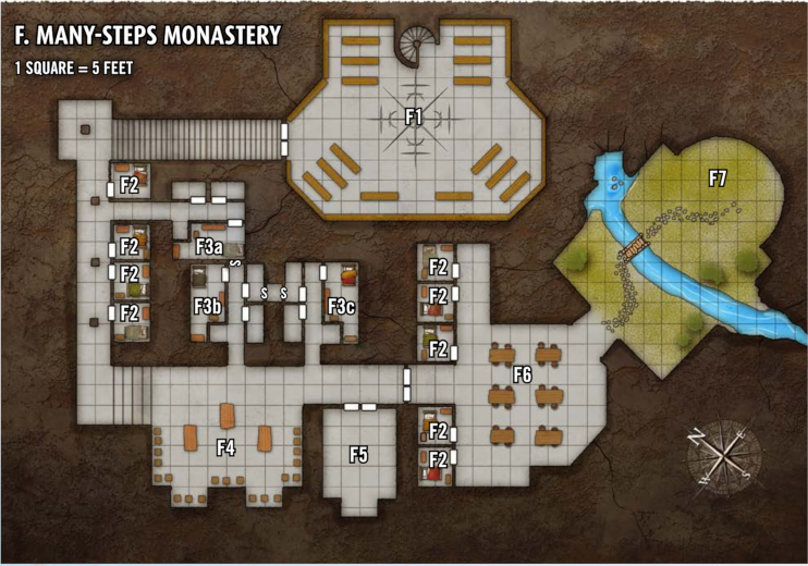 A dungeon map of an underground hideoud. Rooms are labeled F1 to F7.